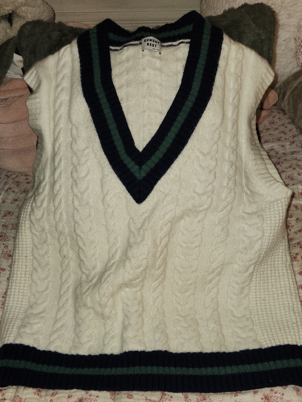 Sunday Best Cream Cable Knit V-Neck Sweater Vest with Navy & Green Stripes